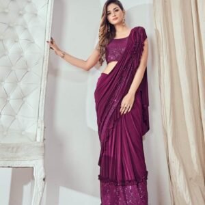 Ready To Wear Wine Lycra Saree with Ruffle Border