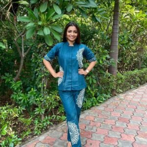 Readymade CoOrd Set with Sea Blue Cotton Print for Trendy Party Wear