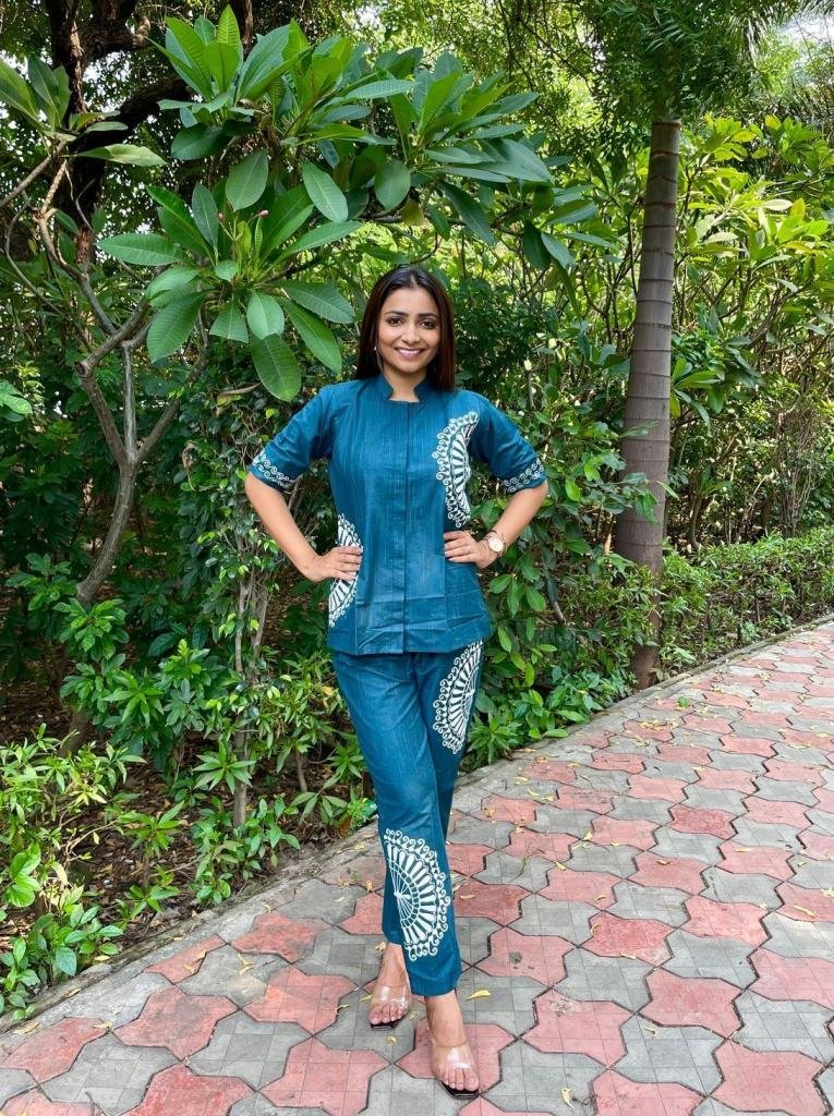 readymade co ord set with sea 1747122023 Readymade CoOrd Set with Sea Blue Cotton Print for Trendy Party Wear