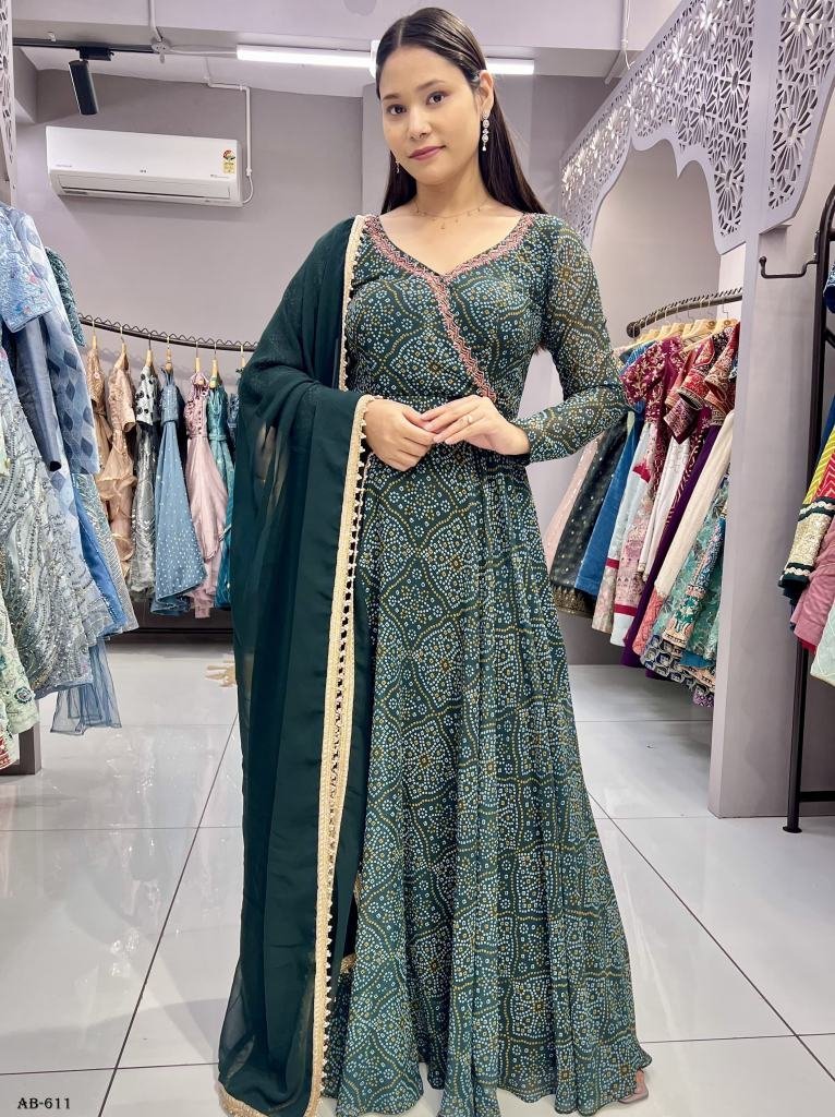 readymade digital printed geor 1716632716 Readymade Digital Printed Georgette Bandhani Gown