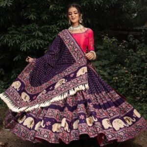 Real Mirror Work Digital Print Butter Silk Purple Lehenga Choli