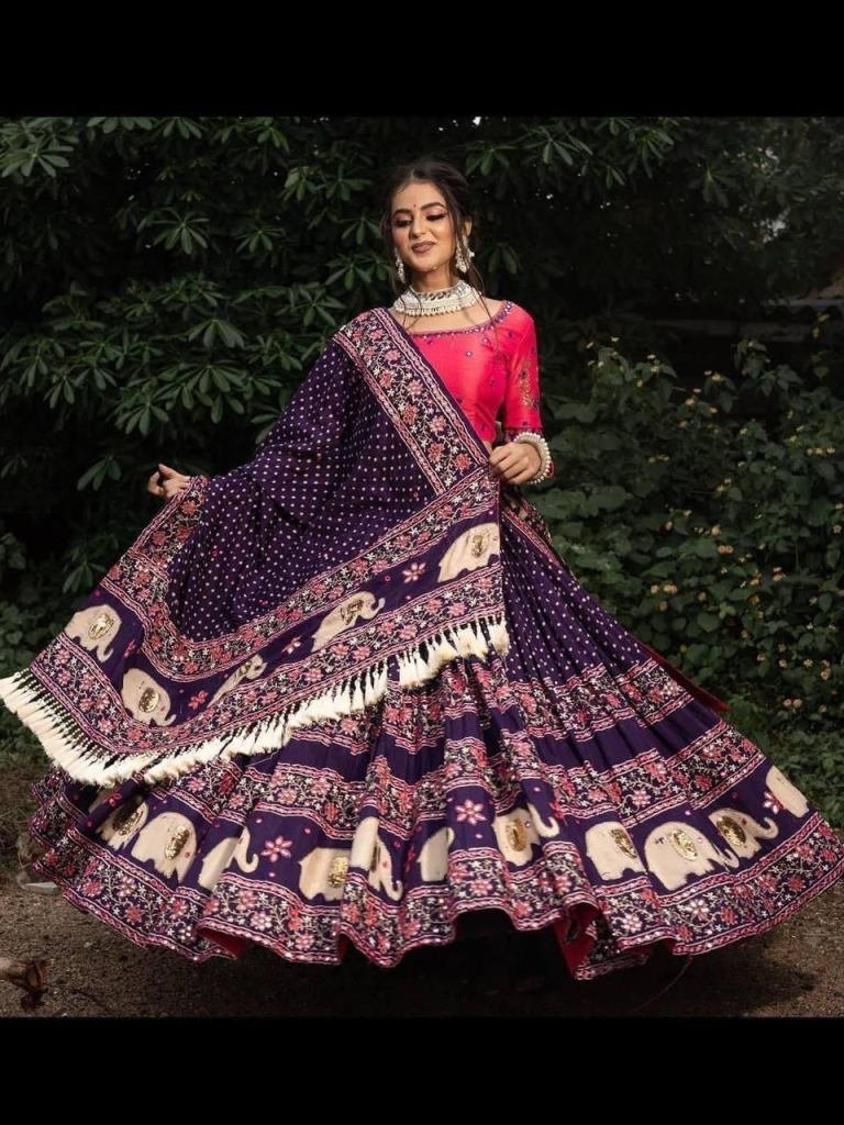 real mirror work digital print 1727266150 Real Mirror Work Digital Print Butter Silk Purple Lehenga Choli