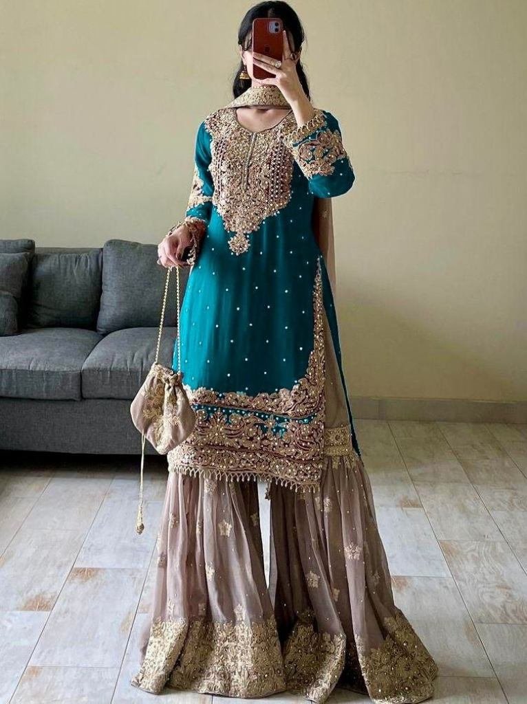real mirror work rama top shar 1732701933 Real Mirror Work Rama Top Sharara Dupatta Set