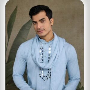 Real Mirror Work Sky Blue Mens Kurta With Dupatta
