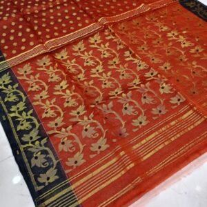 Red And Black Border Soft Pure Maslin Dhakai Jamdani Saree
