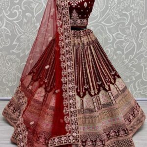 Red And Maroon Celebrity Bridal Velvet Lehenga