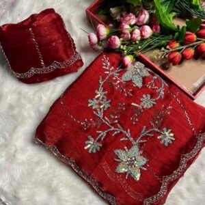 Red Attractive Multi Work And Khatli Cut Work Zimmy Choo Sare