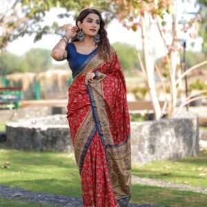 Red Beautiful Wedding Foil Printed Dola Silk Saree With One Meter Blouse