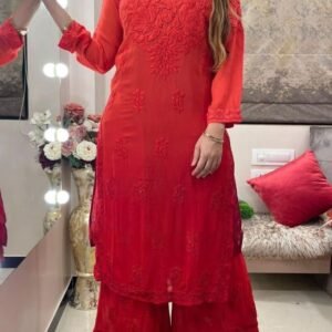 Red Chain Stitch Work Designer Palazo Suits