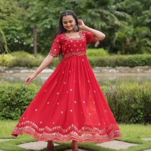 Red Color Embroidery Zari Sequins Work Gowns