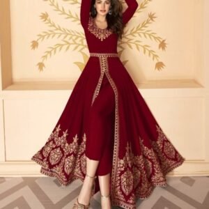 Red Designer Faux Georgette Pakistani Suits With Full Flair
