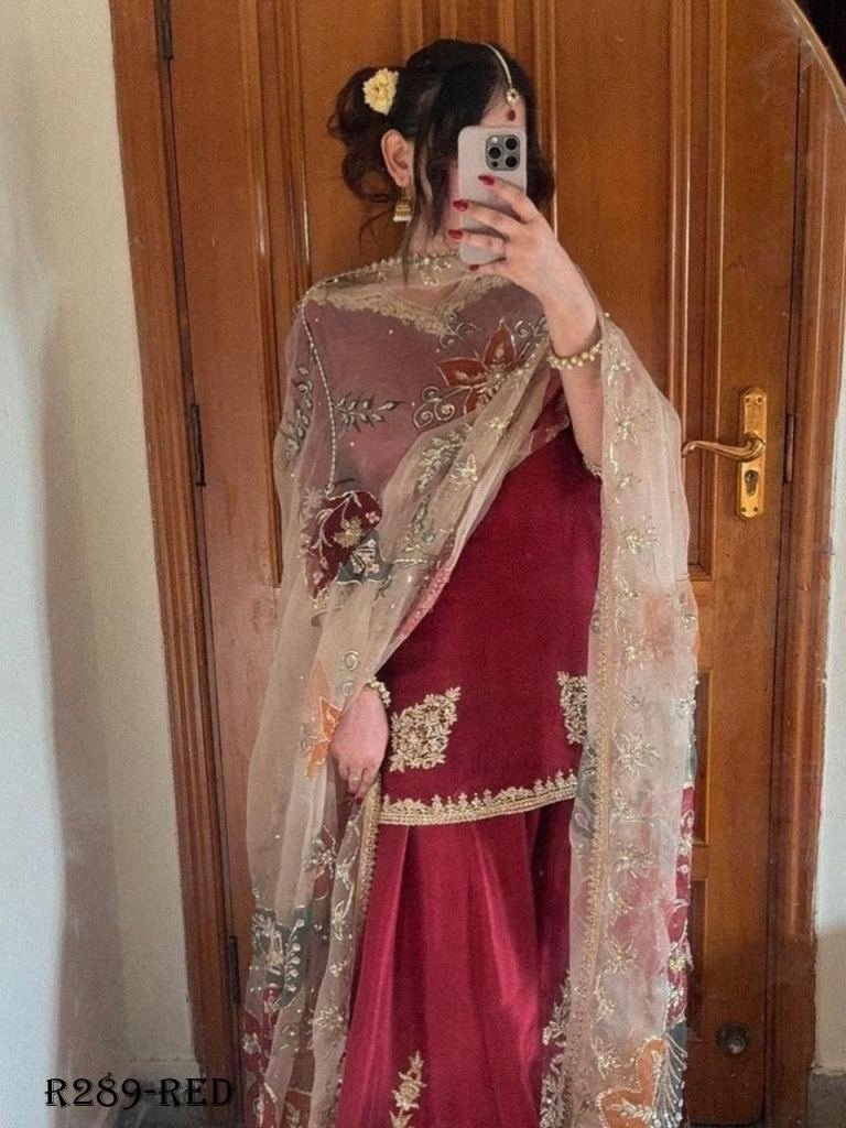 red designer sequence and embr 1726055442 Red Designer Sequence And Embroidery Gharara Suits