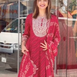 Red Digital Printed and Embroidery Work Georgette Anarkali Gown