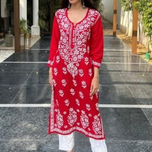 Red Embroidered Cotton Thread Rayon Palazo Kurtis