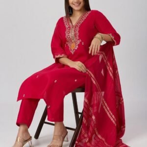 Red Embroidered Kurta with Pant And Dupatta for Women