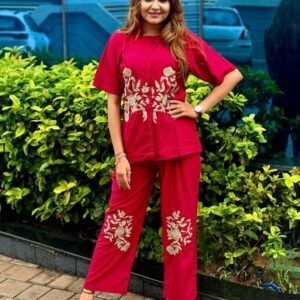 Red Embroidery Work Rich Look Imported Cord Set