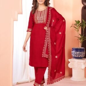 Red fancy Embroidered Kurti Dupatta with Pants