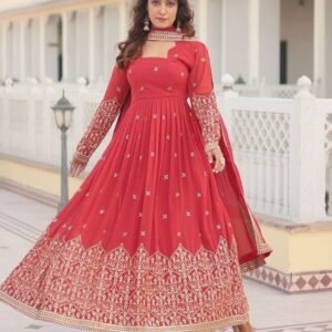 Red Faux Georgette Readymade Anarkali Suit For Women