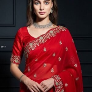 Red Fendy Satin Silk Saree with Sequins And Jaipuri Dori Work