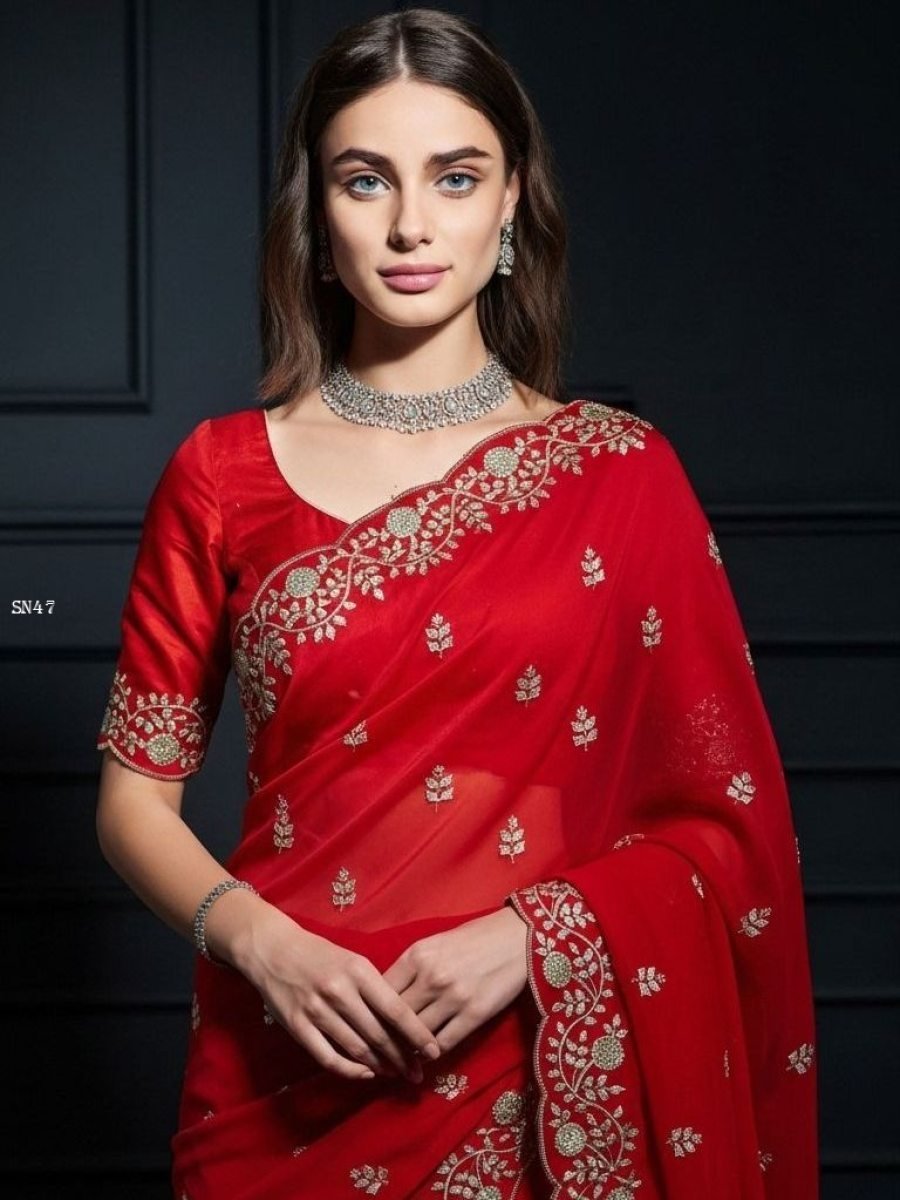 red fendy satin silk saree wit 1769844784 Red Fendy Satin Silk Saree with Sequins And Jaipuri Dori Work