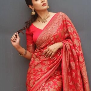 Red Flower Work Copper Zari Pure Silk Saree