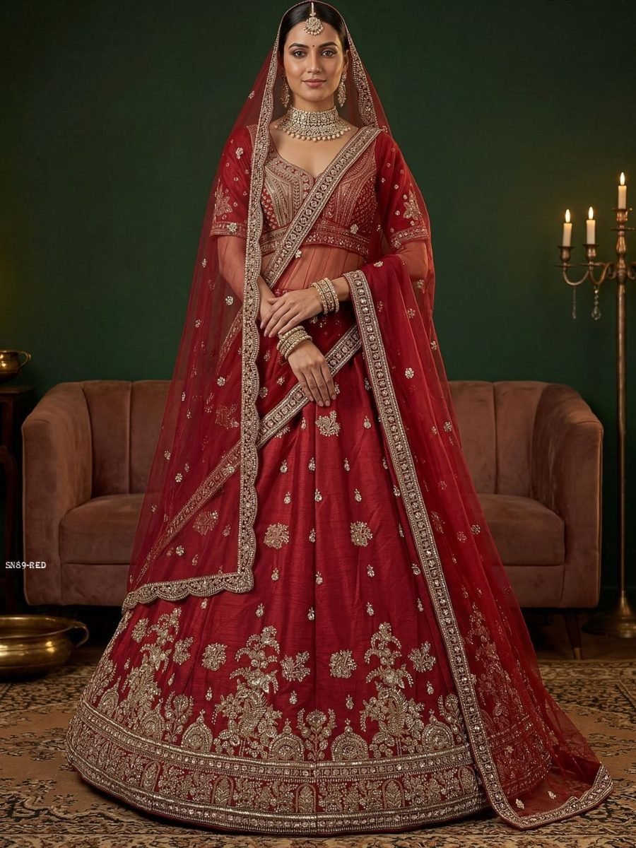 red gadhwal silk bridal leheng 1777366066 Red Gadhwal Silk Bridal Lehenga Choli with Zari Embroidery And Net Dupatta