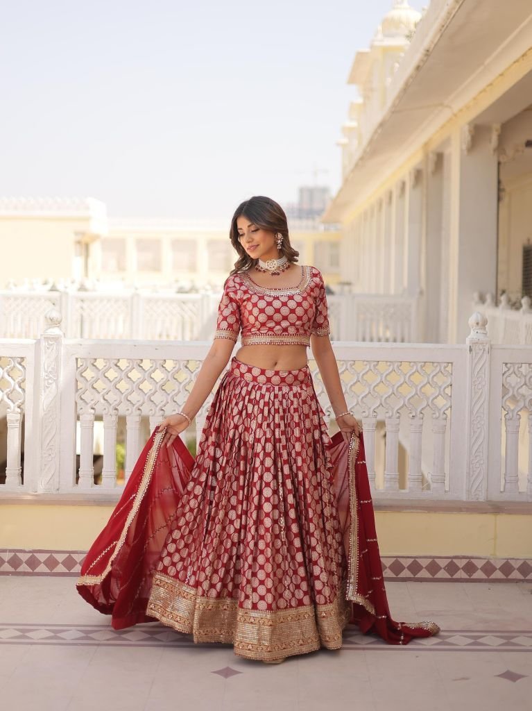 red high grade pure viscose ja1 1728388131 Red High Grade Pure Viscose Jacquard Lehenga Choli