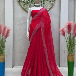 red jimmy choo diamond work saree