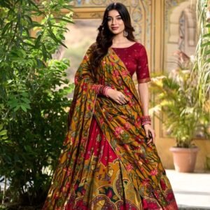 Red Kalamkari Print Tussar Silk Lehenga Choli With Gota Patti Border Dupatta