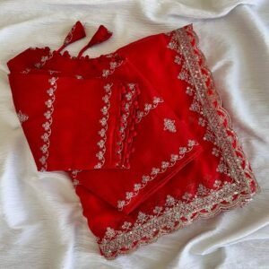 Red Party Wear Embroidery Work Soft Organza Saree