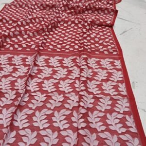 Red Pearl Print Jharapata Muslin Cotton Soft Jamdani Saree