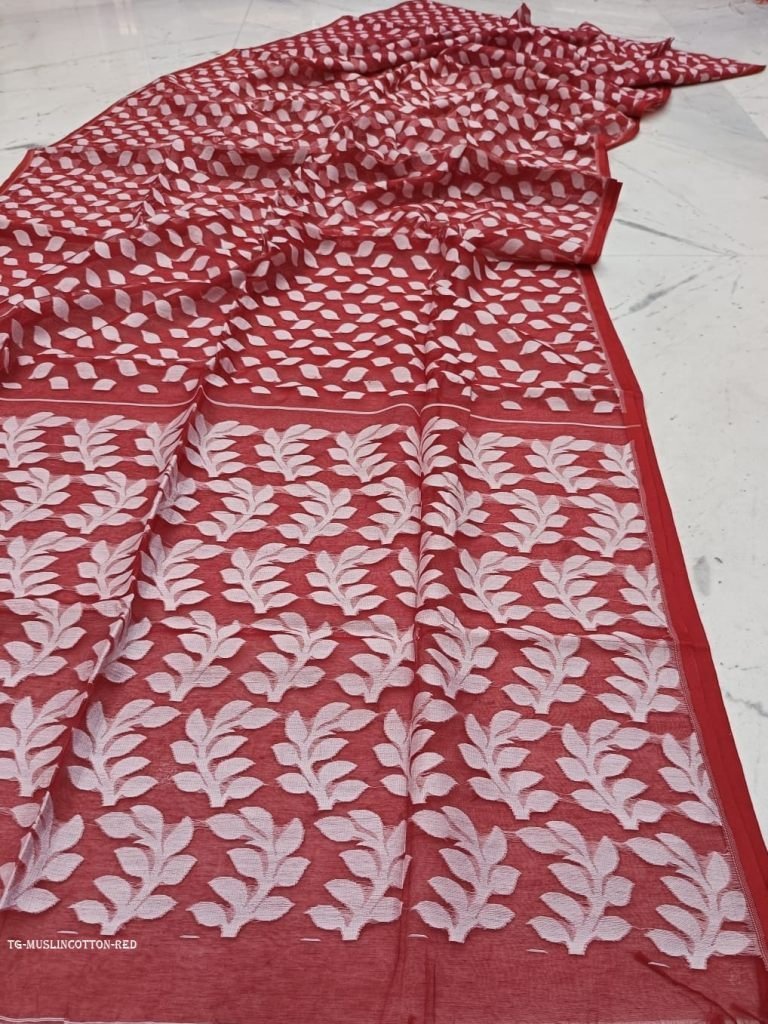 red pearl print jharapata musl 1712395289 Red Pearl Print Jharapata Muslin Cotton Soft Jamdani Saree
