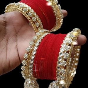 Red Plain Velvet Bangle With Golden Jhumki Set