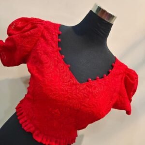 Red Pompom Chikankari Hakoba With Interlock Blouse