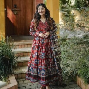 Red Pure Cotton Readymade Anarkali Suits Sets