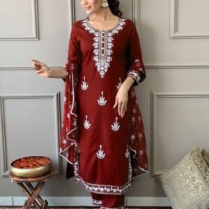 Red Rayon With Embroidery Work Kurti Pant Dupatta Set
