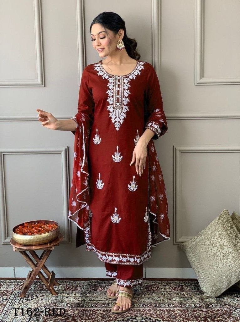 red rayon with embroidery work 1720071787 Red Rayon With Embroidery Work Kurti Pant Dupatta Set