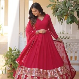Red Readymade Sequins Faux Blooming Gown with Dupatta