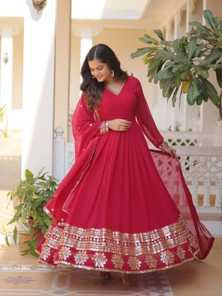 red readymade sequins faux blo 1714813858 Red Readymade Sequins Faux Blooming Gown with Dupatta