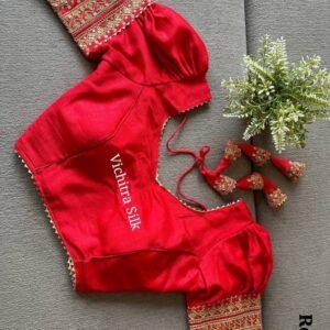 Red Readymade Vichitra Silk Blouse With Puff And Gota Less