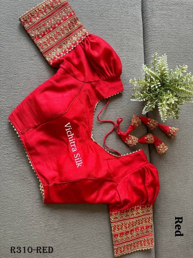 red readymade vichitra silk bl 1726914644 Red Readymade Vichitra Silk Blouse With Puff And Gota Less