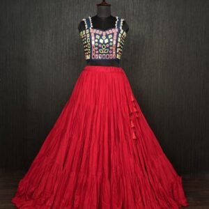 Red Real Mirror Work Rayon Navratri Lehenga Choli With Blue Blouse