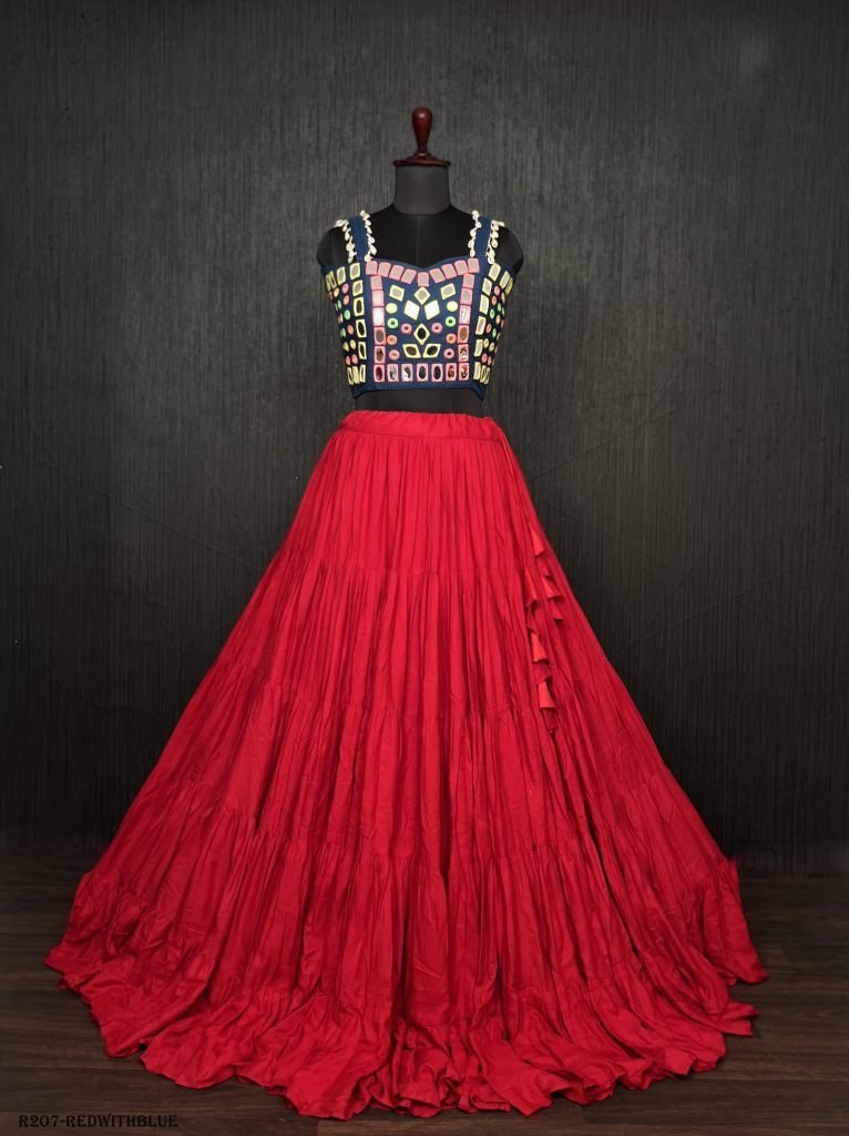 red real mirror work rayon nav 1722323892 Red Real Mirror Work Rayon Navratri Lehenga Choli With Blue Blouse