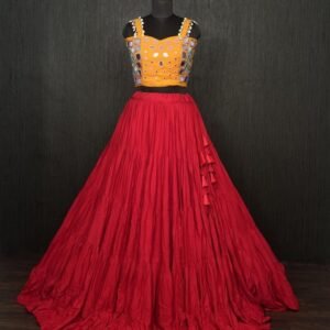Red Real Mirror Work Rayon Navratri Lehenga Choli With Yellow Blouse