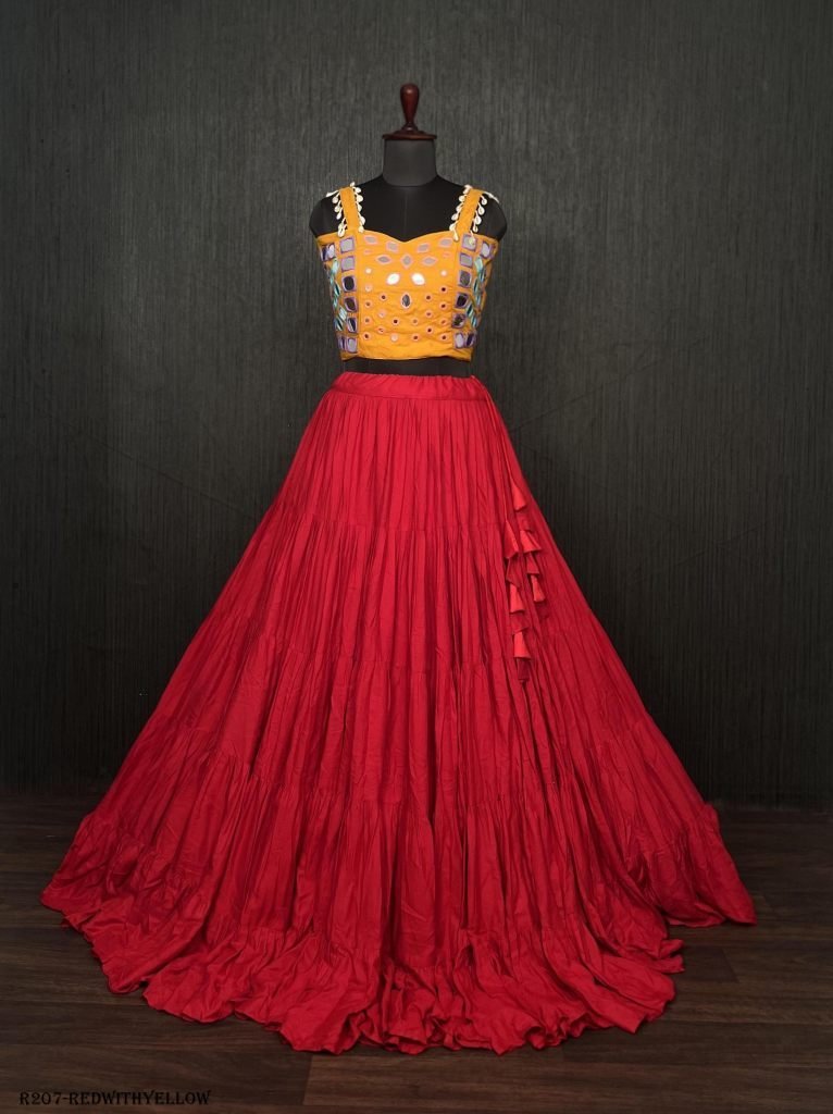 red real mirror work rayon nav 1722324051 Red Real Mirror Work Rayon Navratri Lehenga Choli With Yellow Blouse