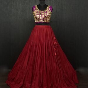Red Real Mirror Work Rayon Navratri Lehenga Choli With Pink Blouse