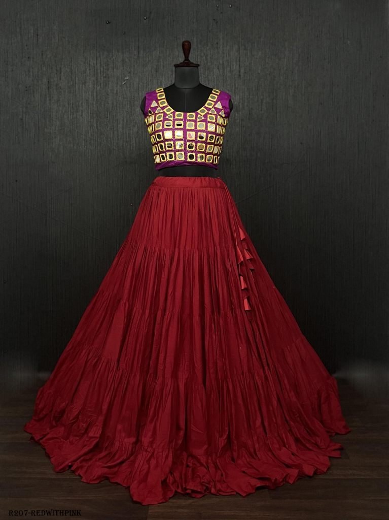 red real mirror work rayon nav 1722324267 Red Real Mirror Work Rayon Navratri Lehenga Choli With Pink Blouse