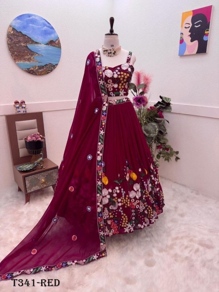 red real modeling georgette le 1724321850 Red Real Modeling Georgette Lehenga Choli