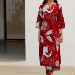 Red Regular Wear Cotton Kurtis Set With Flower Print