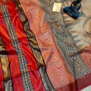 Red Screen Printed Original Tussar Ghicha Silk Saree 14